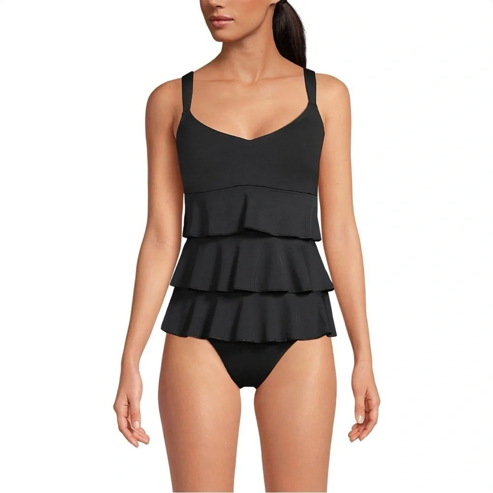Land’s End Women's Tiered Ruffle Fauxkini One Piece Swimsuit 12 New